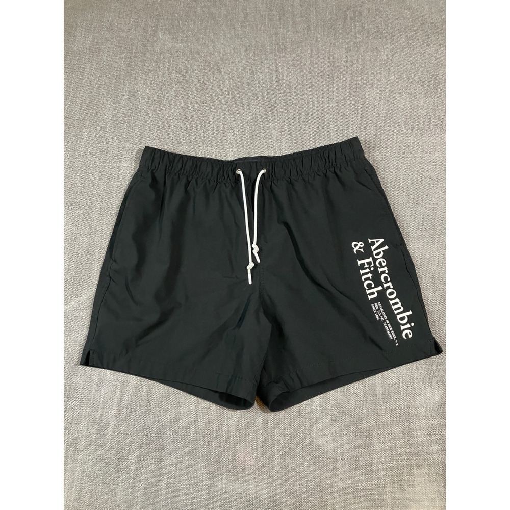 Abercrombie & Fitch Mens Black Logo Swim Trunks 5 Inch Inseam XL Stretch